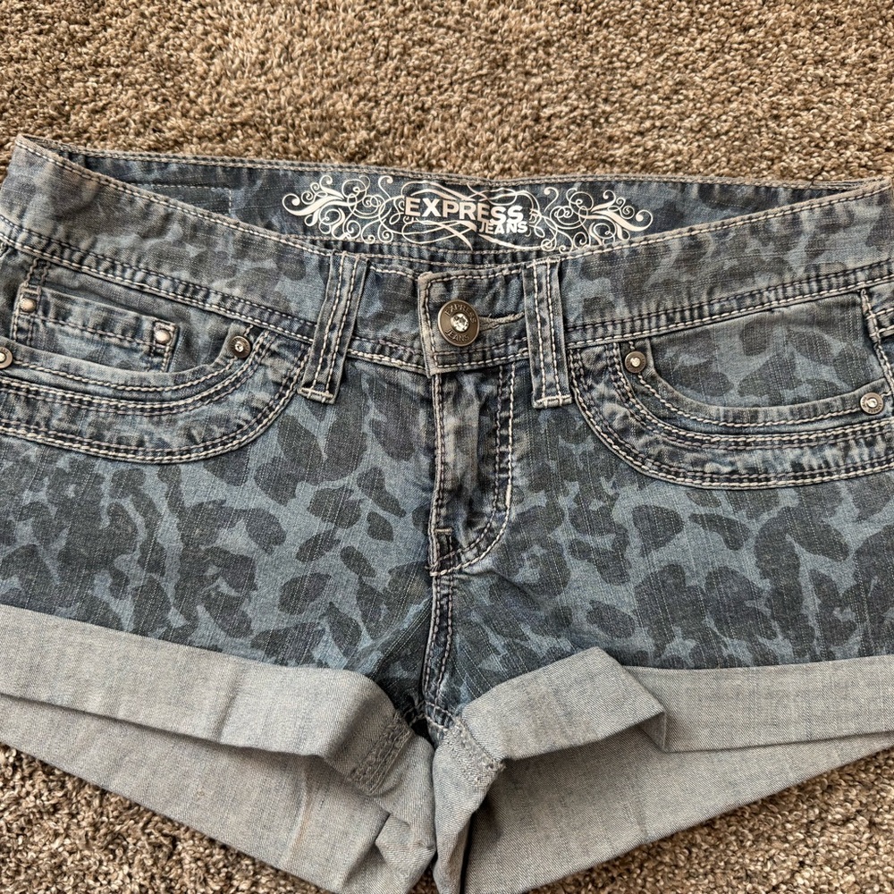 Express Gray Leopard Print Jean Shorts